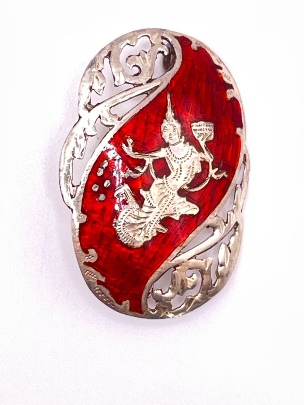 Vintage Siam Sterling Silver Red Enamel Dancing Mekhala Pin Brooch